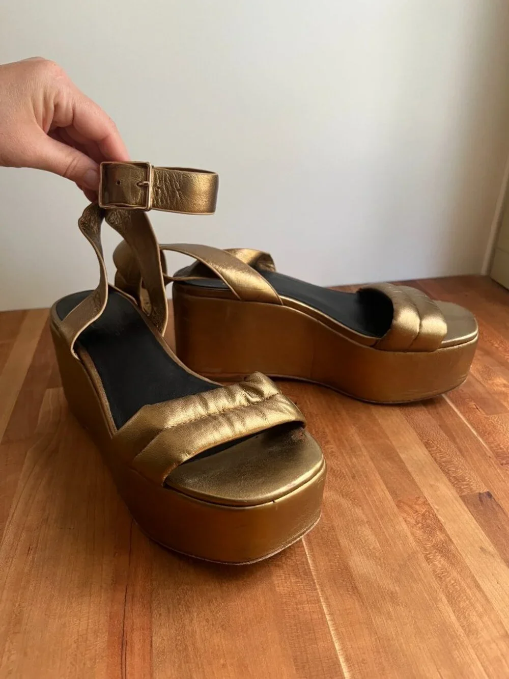 Charlotte Stone Metallic Gold Platform Wedge Sa